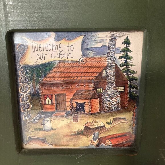 Cabin Watercolor Picture Welcome to Our Cabin Wood Framed Green 8 x8" - Picture 2 of 6